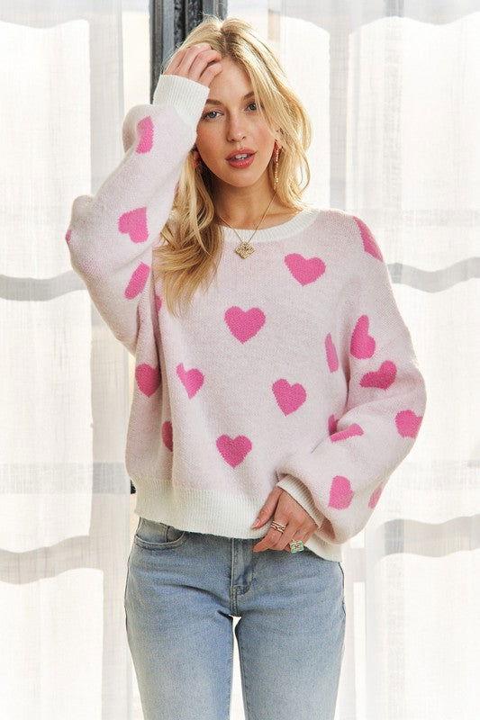 ADORA Heart Round Neck Drop Shoulder Sweater - Clothes For Her Online Store