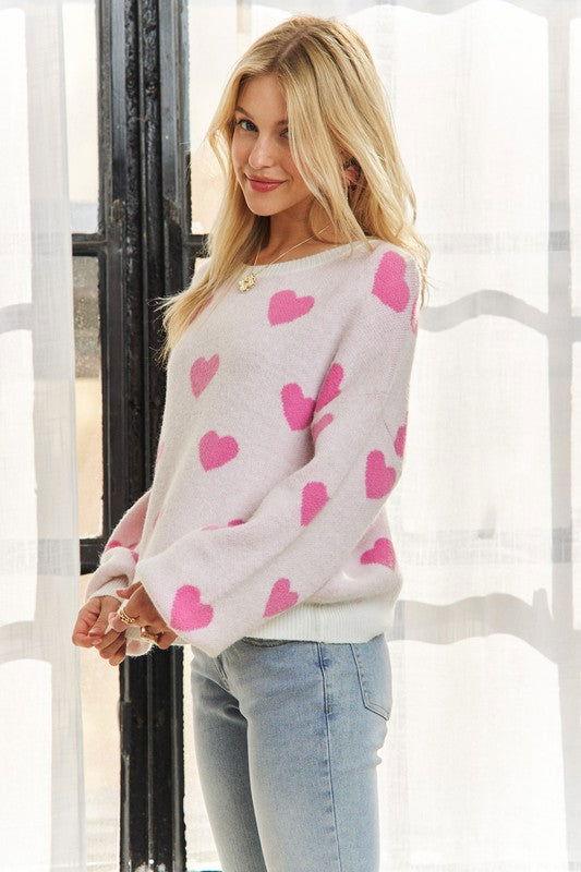 ADORA Heart Round Neck Drop Shoulder Sweater - Clothes For Her Online Store