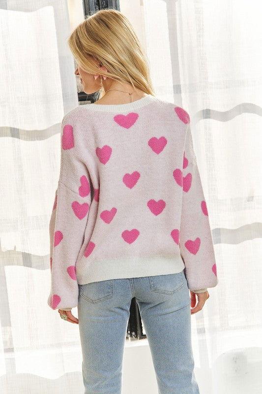 ADORA Heart Round Neck Drop Shoulder Sweater - Clothes For Her Online Store