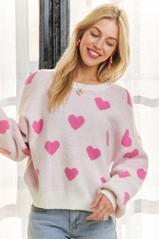 ADORA Heart Round Neck Drop Shoulder Sweater - Clothes For Her Online Store
