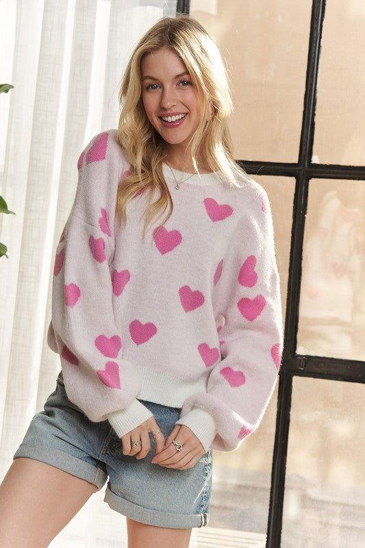 ADORA Heart Round Neck Drop Shoulder Sweater - Clothes For Her Online Store