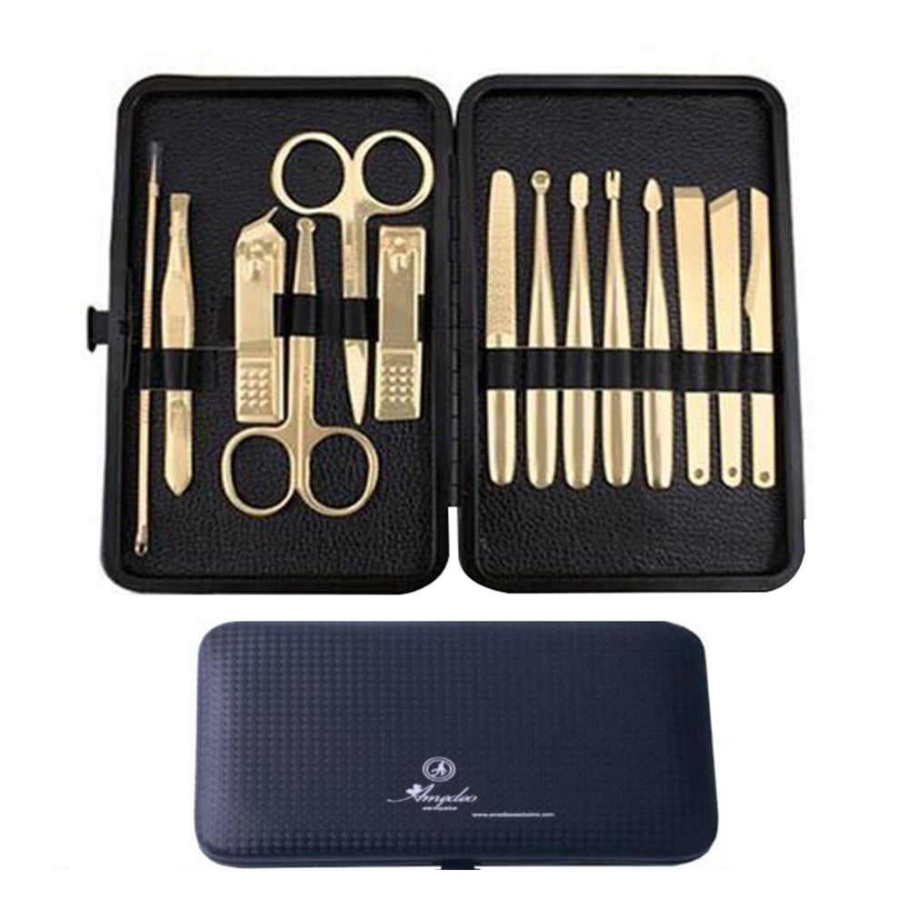 Golden Plated Mens Manicure Pedicure Kit - 14 piece Grooming Kit with