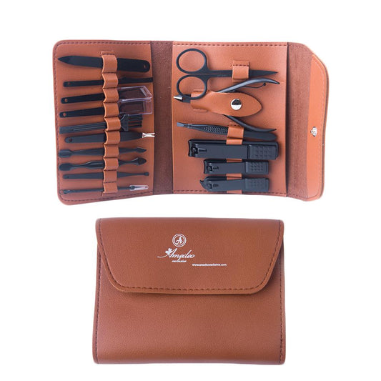 Brown Suede Mens Manicure Pedicure Kit - 16 piece Grooming Kit with