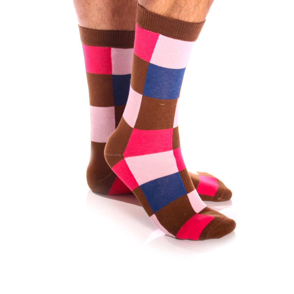 Pink Brown & Blue Square Mens Colorful Crew Socks - Premium Cotton Fun