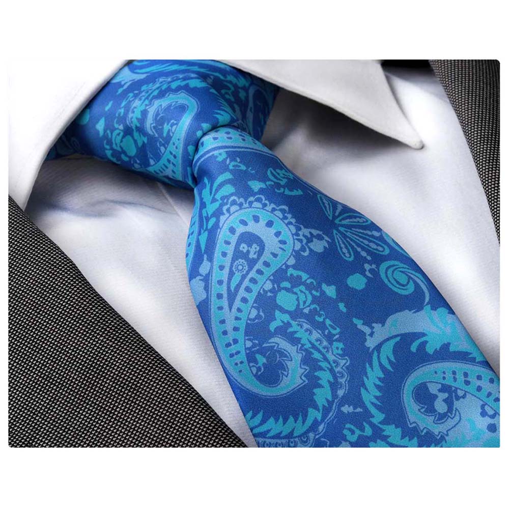 Men's Fashion Blue Paisley Textured Silk Neck Tie With Gift Box