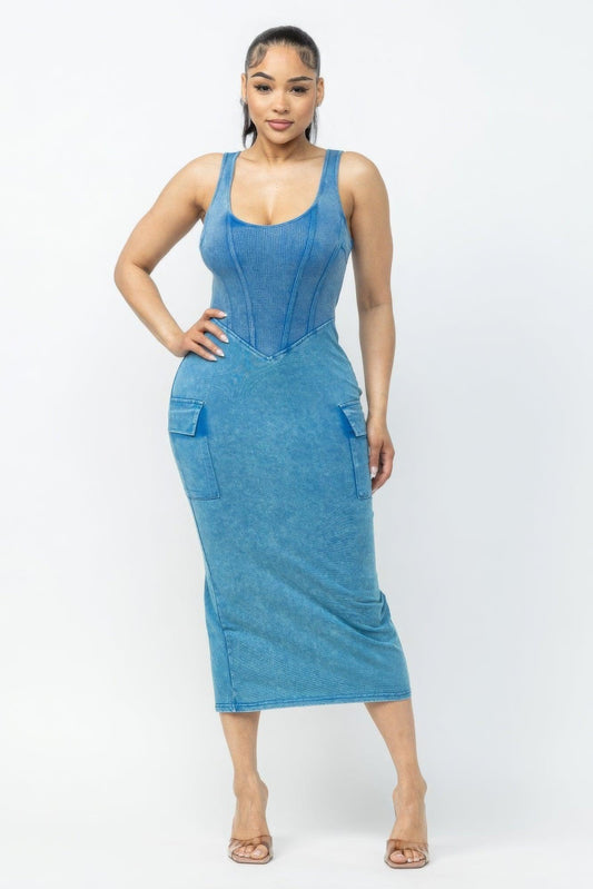 Acid Washed Cargo Midi Dress - Clothes For Her Online Store