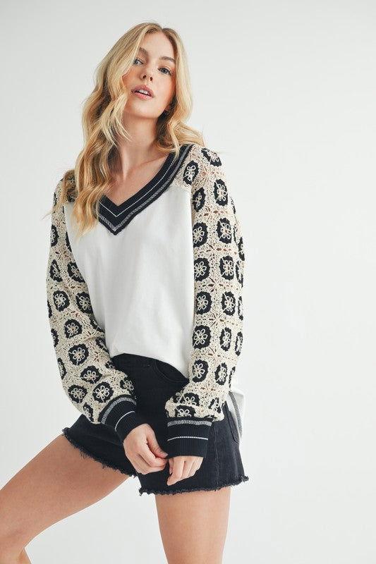 Aemi+Co Crochet Contrast Stitching V Neck Top - Clothes For Her Online Store
