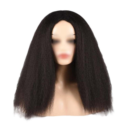 Afro Yaki Hair Straight Curly Wigs Brown Black Long Full Wig Fluffy Synthetic Hair Wigs for Daily Wear, 24inch - Clothes For Her Online Store
