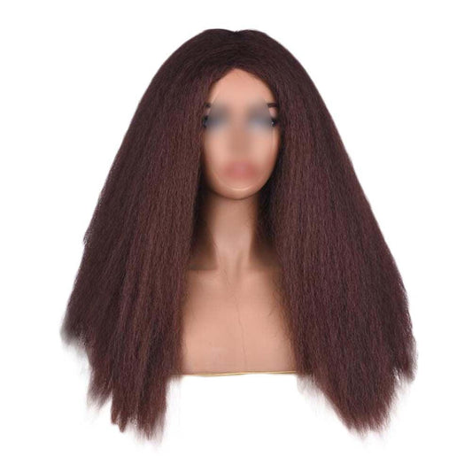 Afro Yaki Hair Straight Curly Wigs Dark Brown Long Full Wig Fluffy Synthetic Hair Wigs for Daily Wear, 24inch - Clothes For Her Online Store