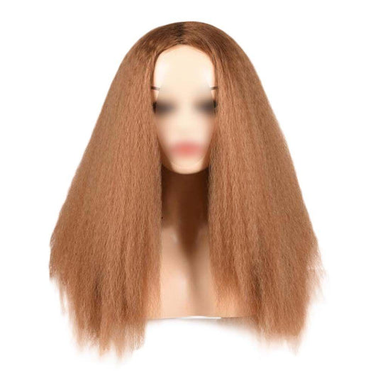 Afro Yaki Hair Straight Curly Wigs Khaki Long Full Wig Fluffy Synthetic Hair Wigs for Daily Wear, 24inch - Clothes For Her Online Store