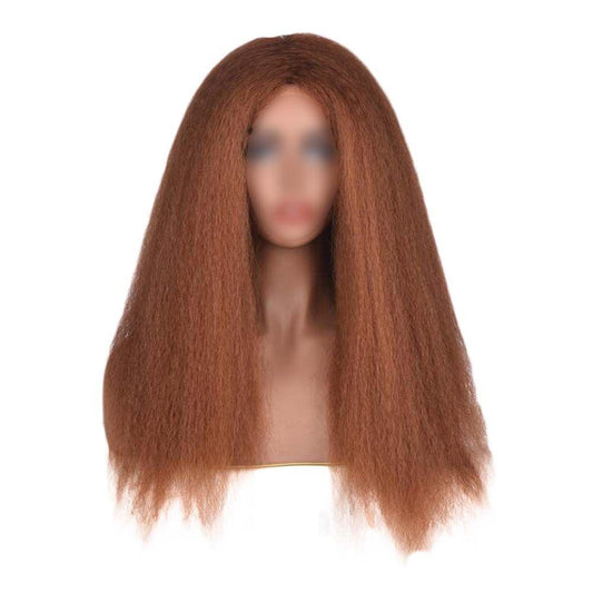 Afro Yaki Hair Straight Curly Wigs Light Coffee Long Full Wig Fluffy Synthetic Hair Wigs for Daily Wear, 24inch - Clothes For Her Online Store