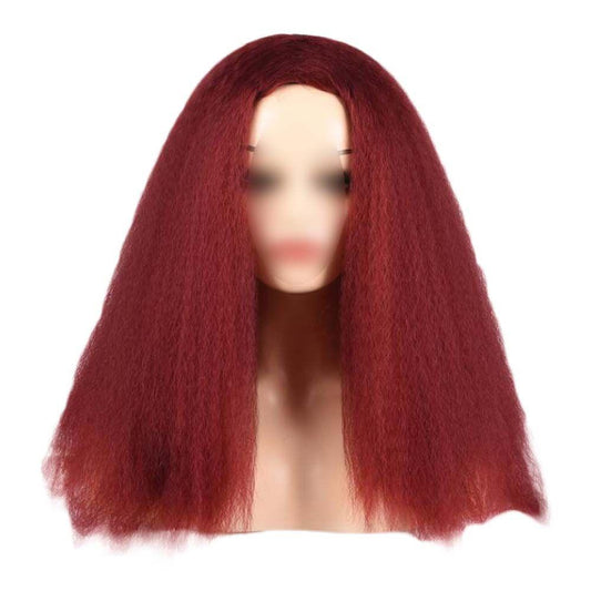 Afro Yaki Hair Straight Curly Wigs Wine Red Long Full Wig Fluffy Synthetic Hair Wigs for Daily Wear, 24inch - Clothes For Her Online Store