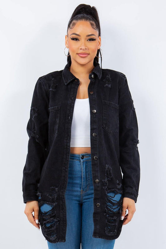 American Bazi Distressed Button Up Long Sleeve Denim Jacket - Clothes For Her Online Store