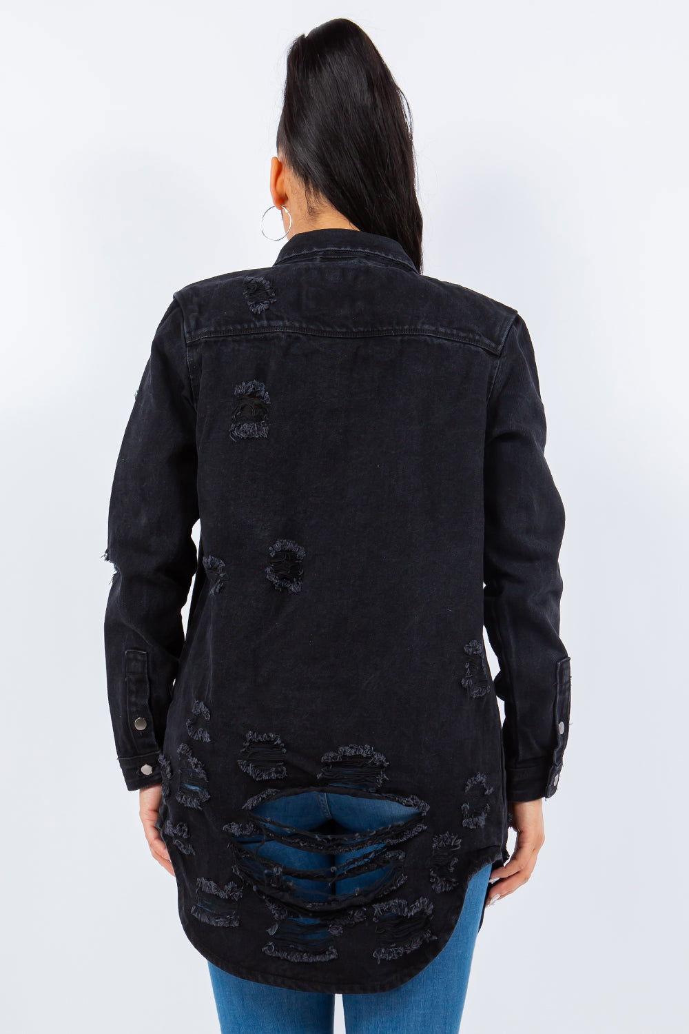 American Bazi Distressed Button Up Long Sleeve Denim Jacket - Clothes For Her Online Store