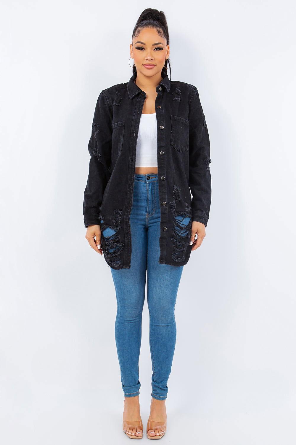 American Bazi Distressed Button Up Long Sleeve Denim Jacket - Clothes For Her Online Store