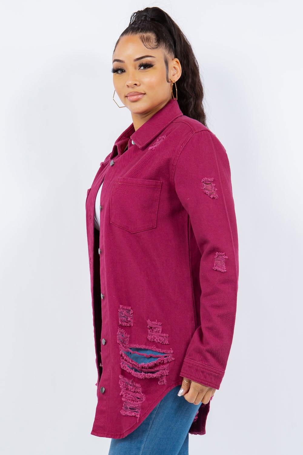 American Bazi Distressed Button Up Long Sleeve Denim Jacket - Clothes For Her Online Store