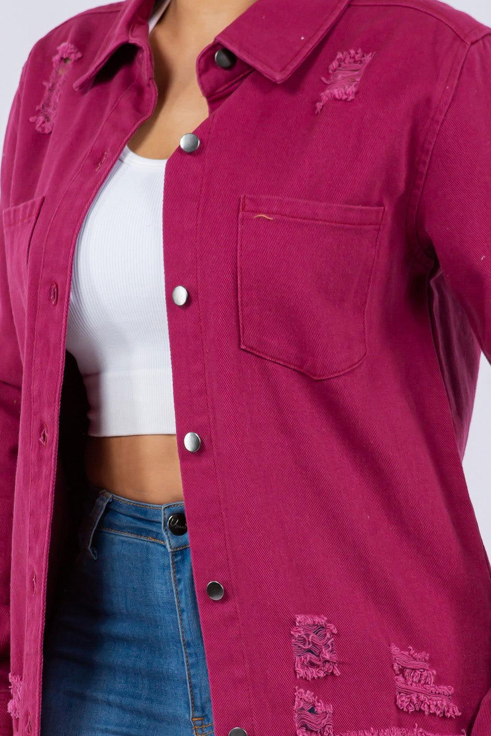 American Bazi Distressed Button Up Long Sleeve Denim Jacket - Clothes For Her Online Store