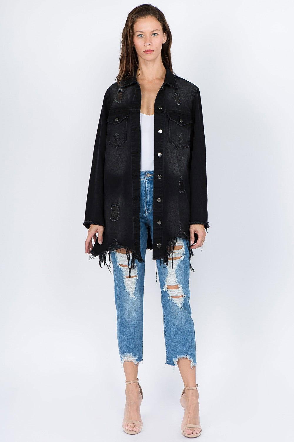 American Bazi Distressed Frayed Hem Denim Jacket - Clothes For Her Online Store