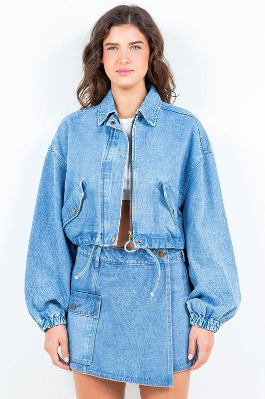 American Bazi Drawstring Waist Crop Denim Jacket - Clothes For Her Online Store