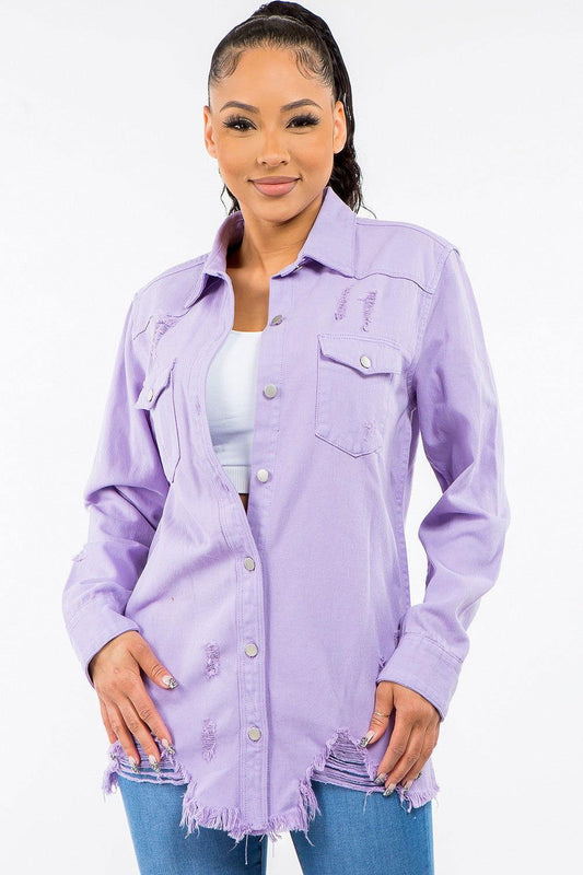 American Bazi Frayed Hem Distressed Denim Jacket - Clothes For Her Online Store