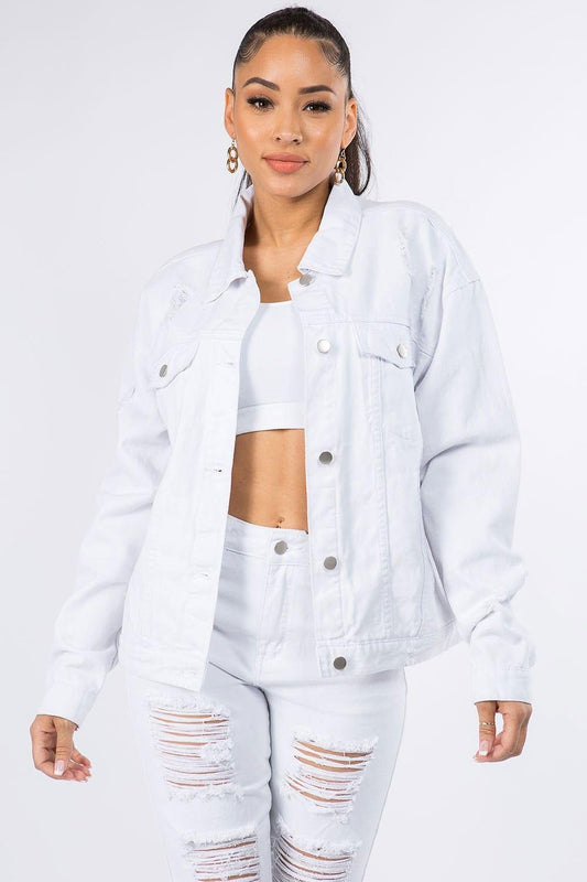 American Bazi Graphic Distressed Long Sleeve Denim Jacket - Clothes For Her Online Store