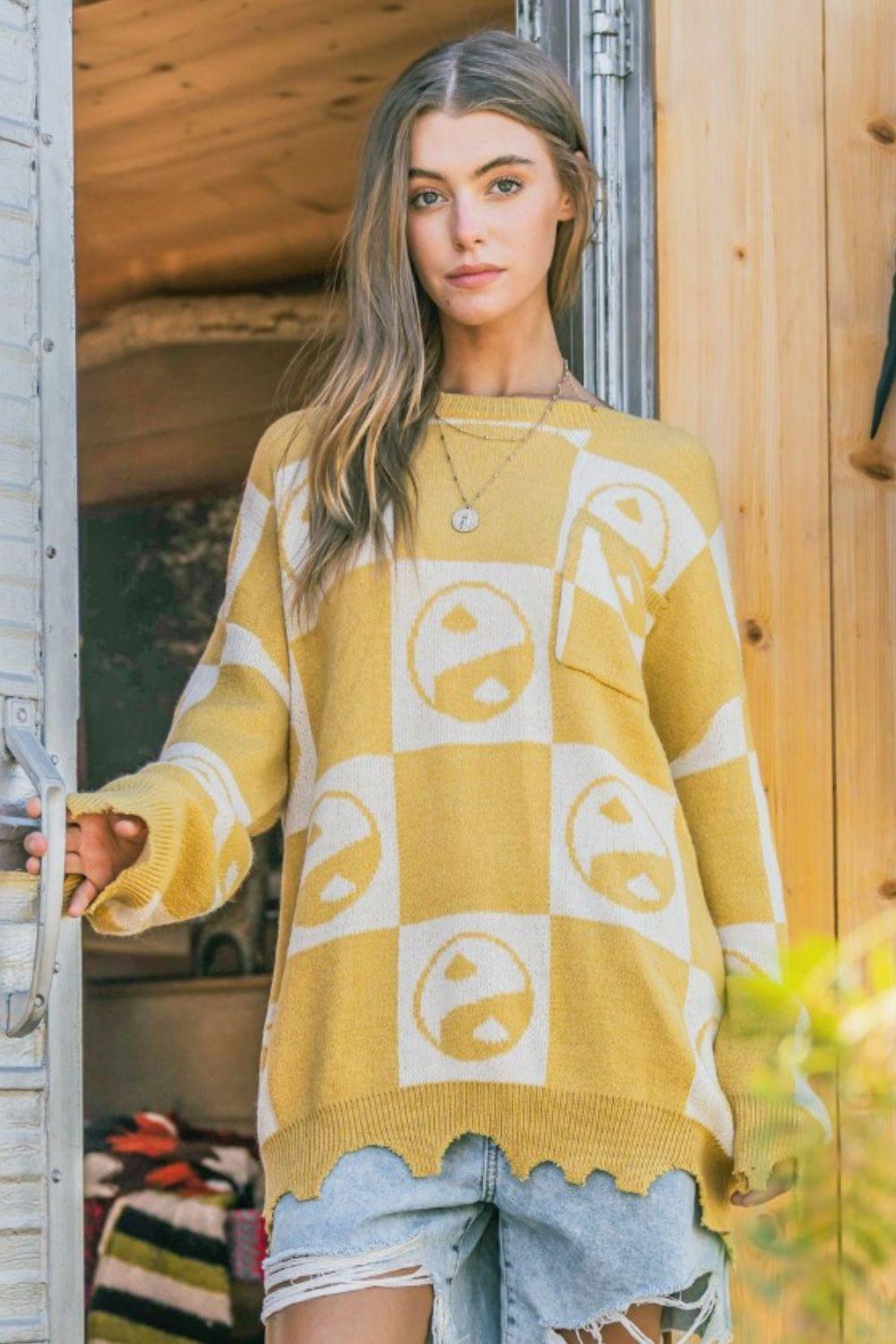 And The Why Checkerboard Sweater with Yin Yang Pattern - Clothes For Her Online Store