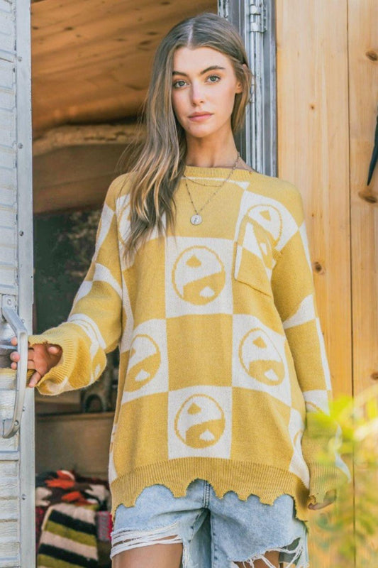 And The Why Checkerboard Sweater with Yin Yang Pattern - Clothes For Her Online Store