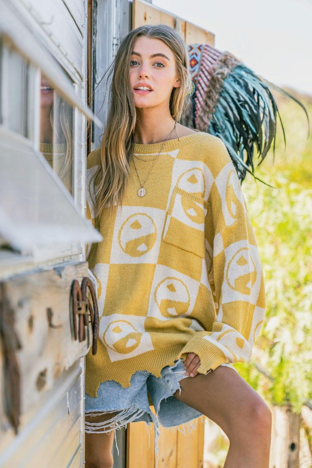 And The Why Checkerboard Sweater with Yin Yang Pattern - Clothes For Her Online Store