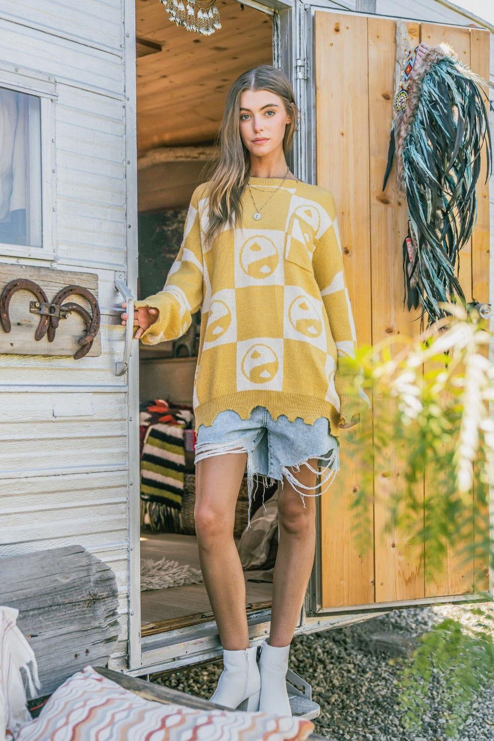 And The Why Checkerboard Sweater with Yin Yang Pattern - Clothes For Her Online Store