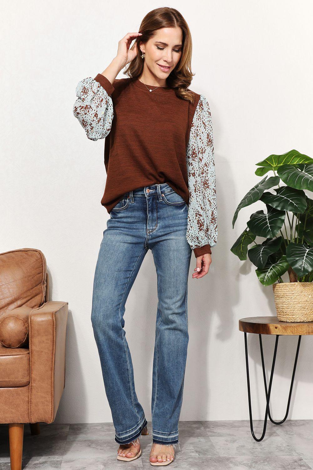 And The Why Full Size Foil Printed Sleeve Top - Clothes For Her Online Store