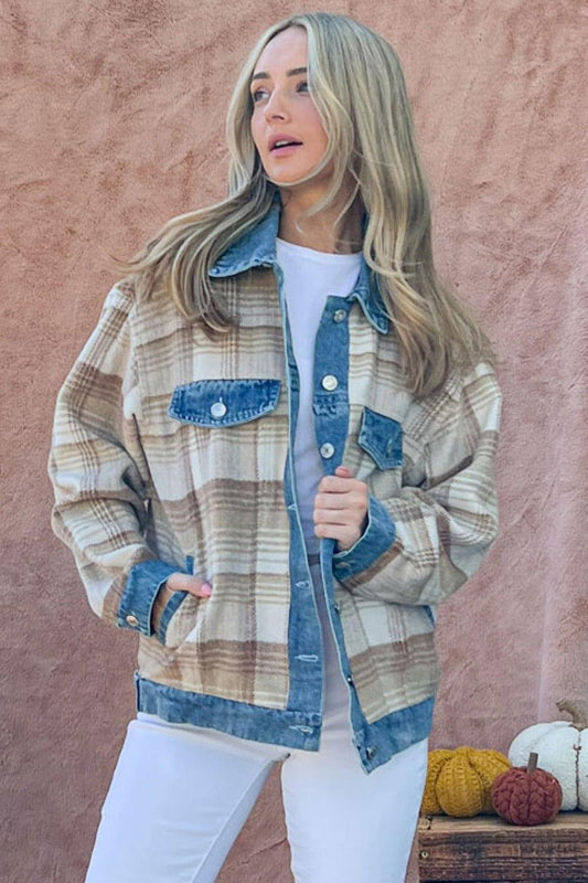And The Why Full Size Washed Denim Detail Brushed Plaid Jacket - Clothes For Her Online Store