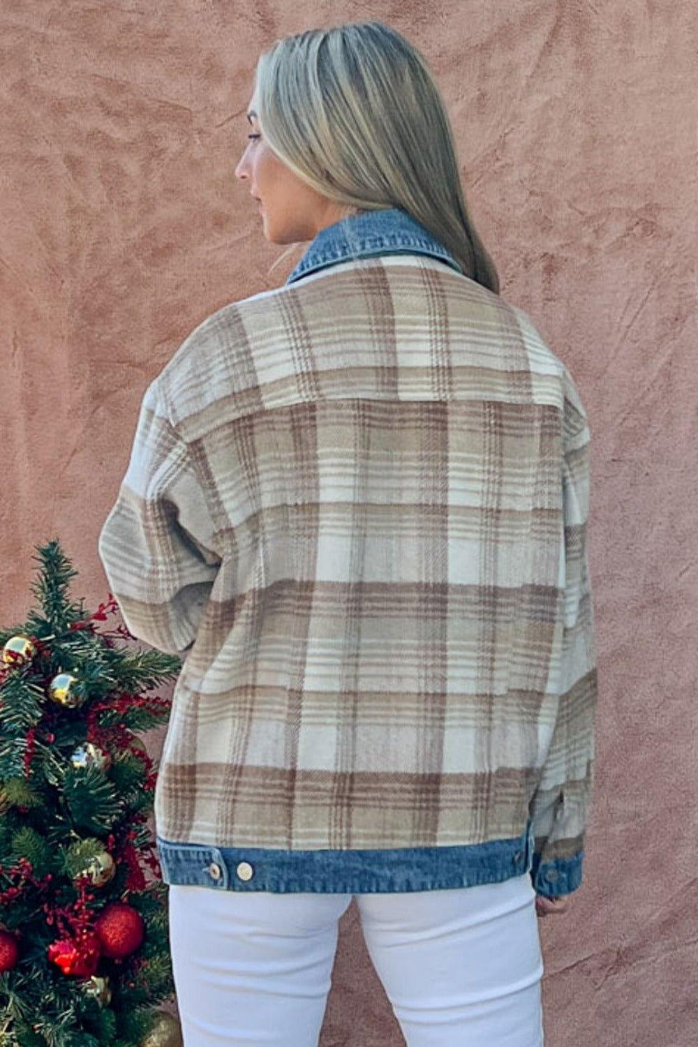 And The Why Full Size Washed Denim Detail Brushed Plaid Jacket - Clothes For Her Online Store