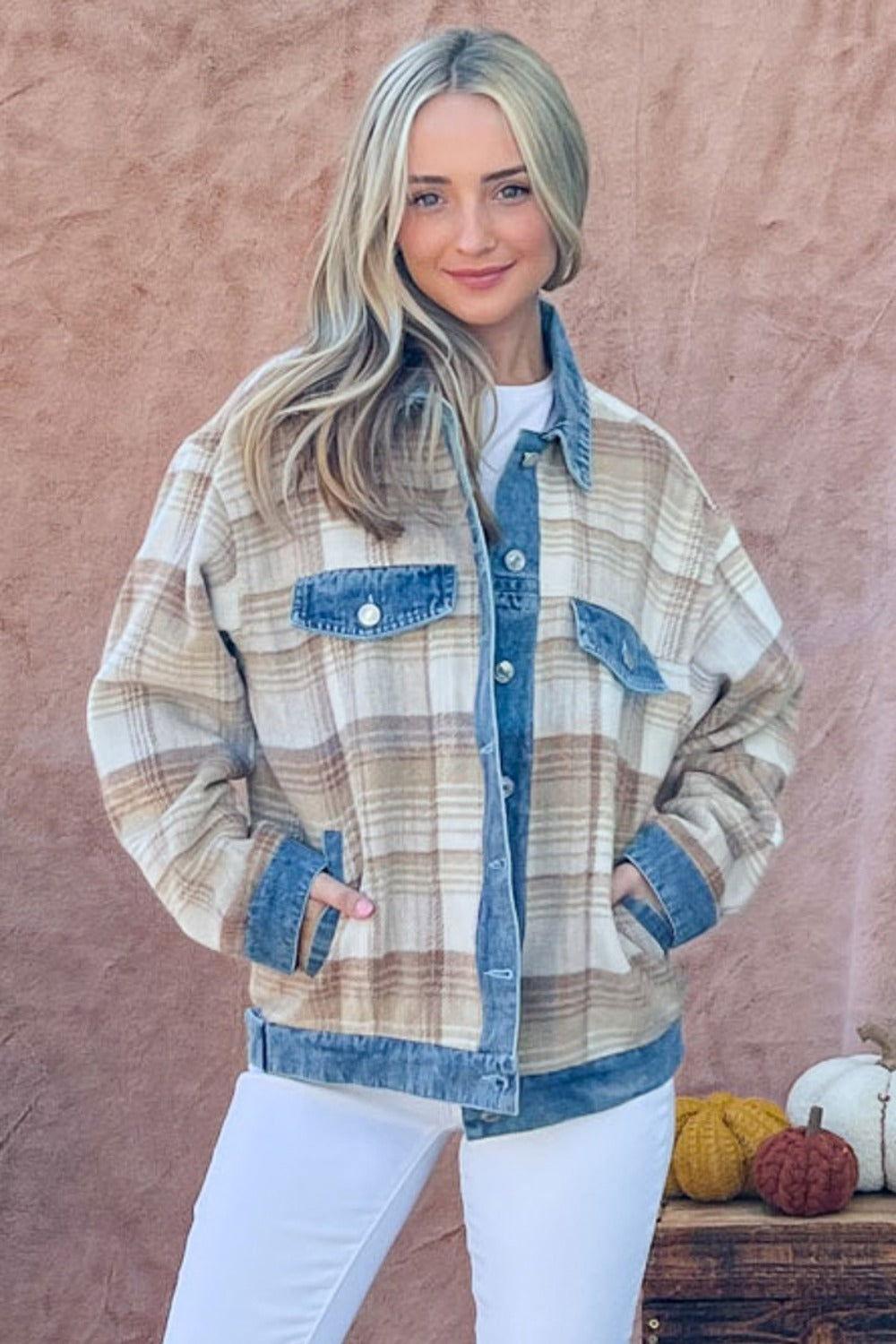 And The Why Full Size Washed Denim Detail Brushed Plaid Jacket - Clothes For Her Online Store