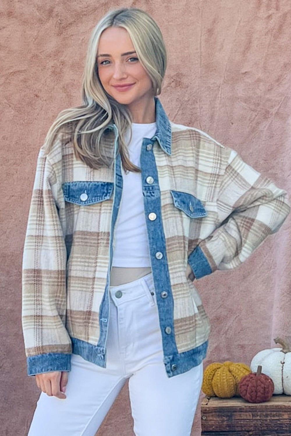And The Why Full Size Washed Denim Detail Brushed Plaid Jacket - Clothes For Her Online Store