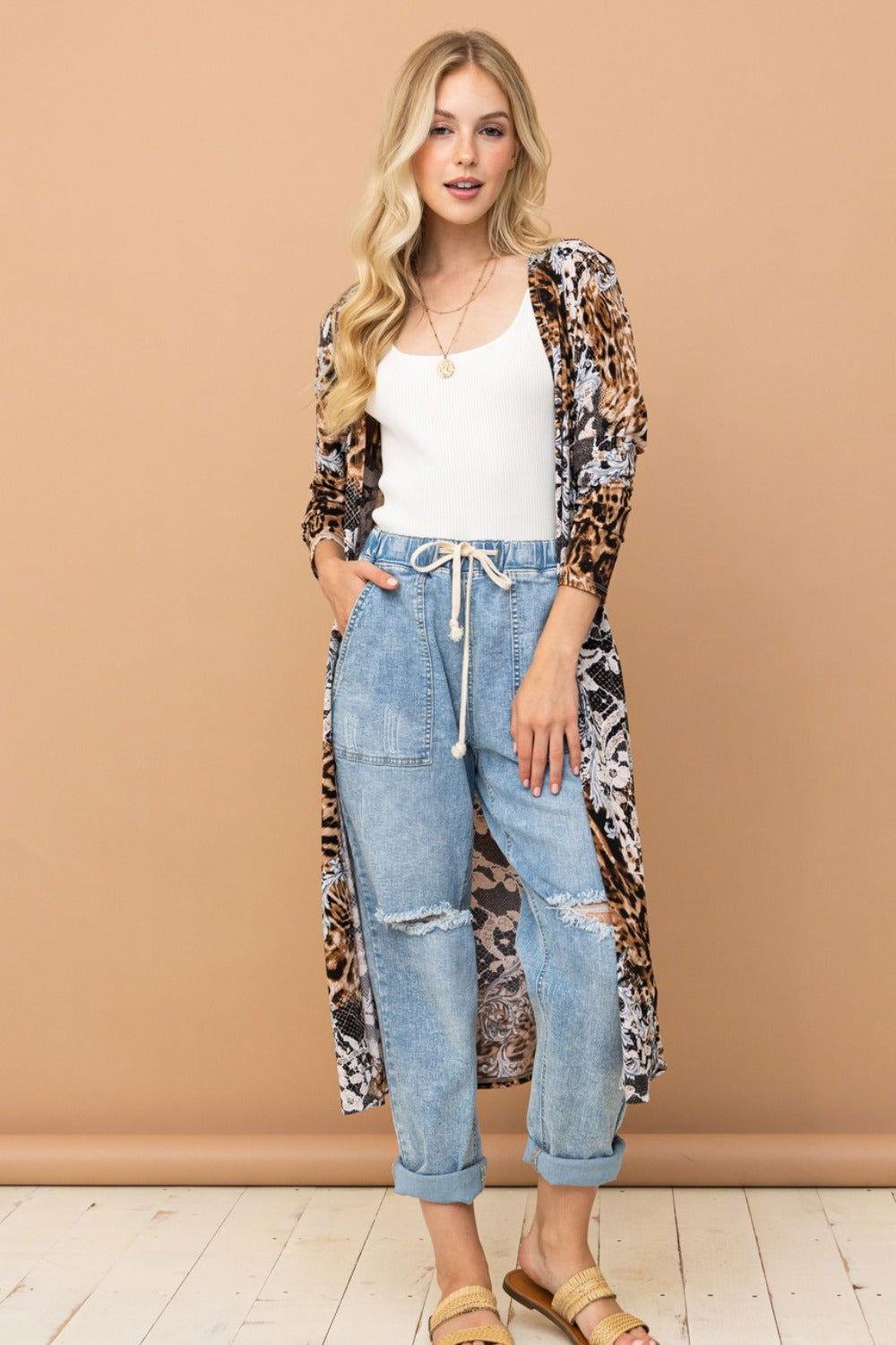 And The Why Leopard Kimono Open Front Longline Cardigan - Clothes For Her Online Store