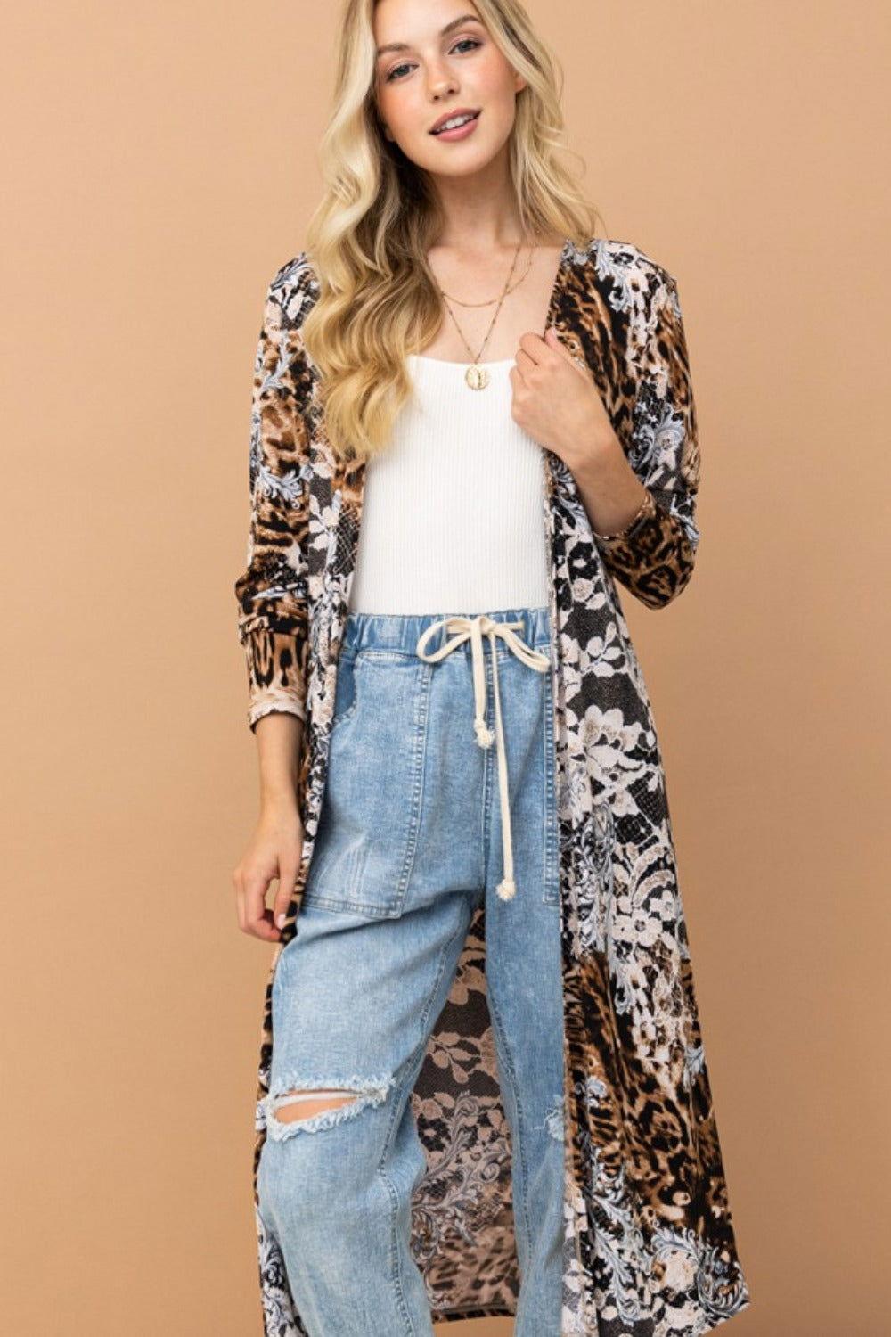 And The Why Leopard Kimono Open Front Longline Cardigan - Clothes For Her Online Store