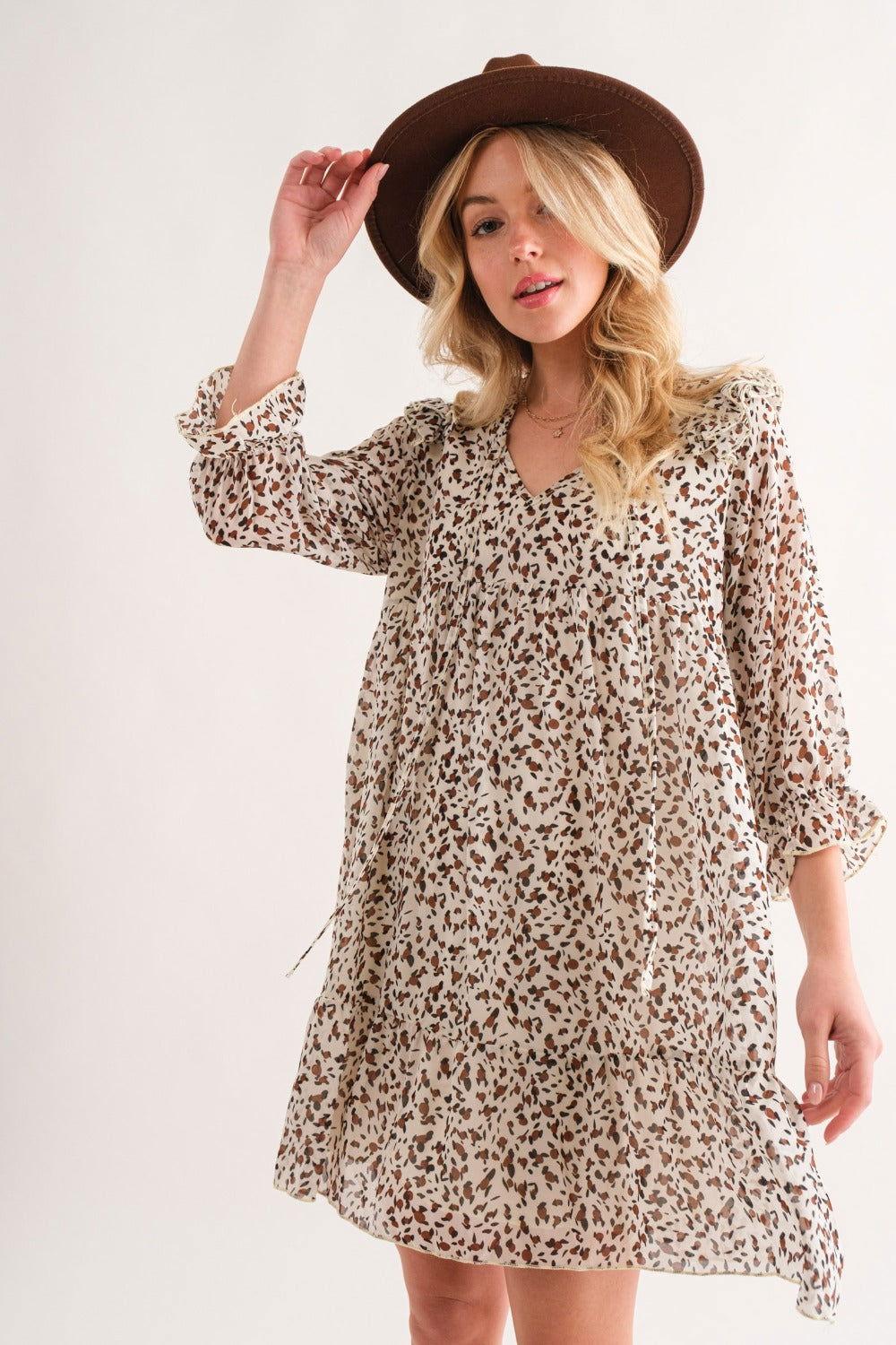 And The Why Leopard Ruffle Hem Woven Mini Dress - Clothes For Her Online Store