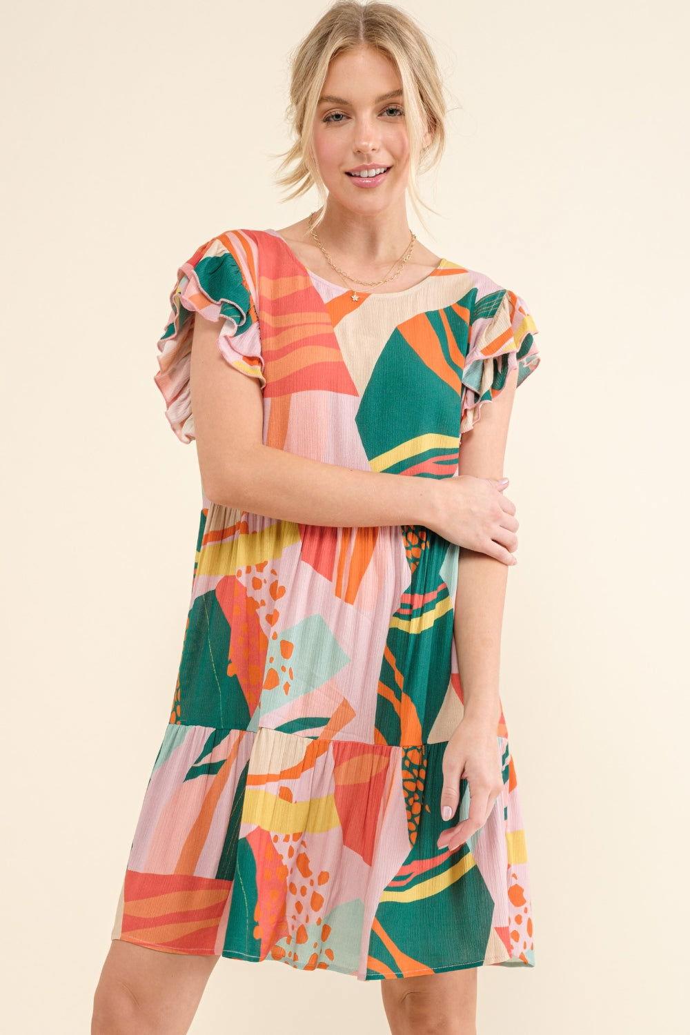 And The Why Printed Double Ruffle Sleeve Dress - Clothes For Her Online Store