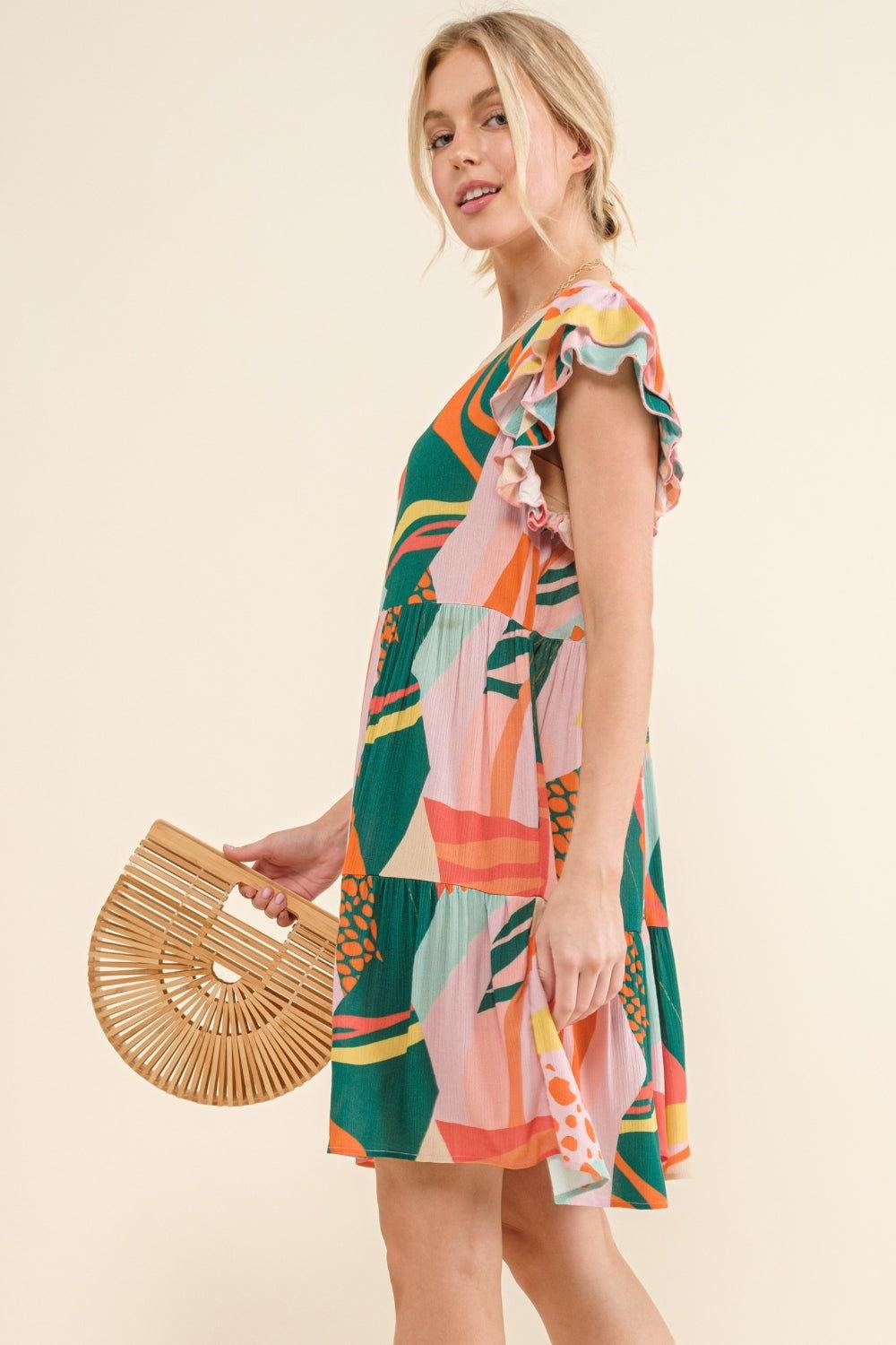 And The Why Printed Double Ruffle Sleeve Dress - Clothes For Her Online Store