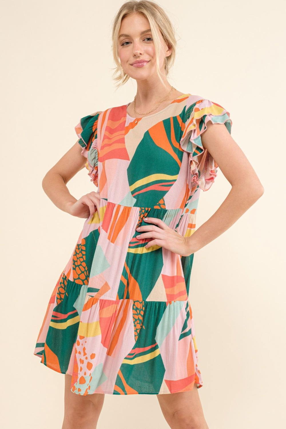 And The Why Printed Double Ruffle Sleeve Dress - Clothes For Her Online Store