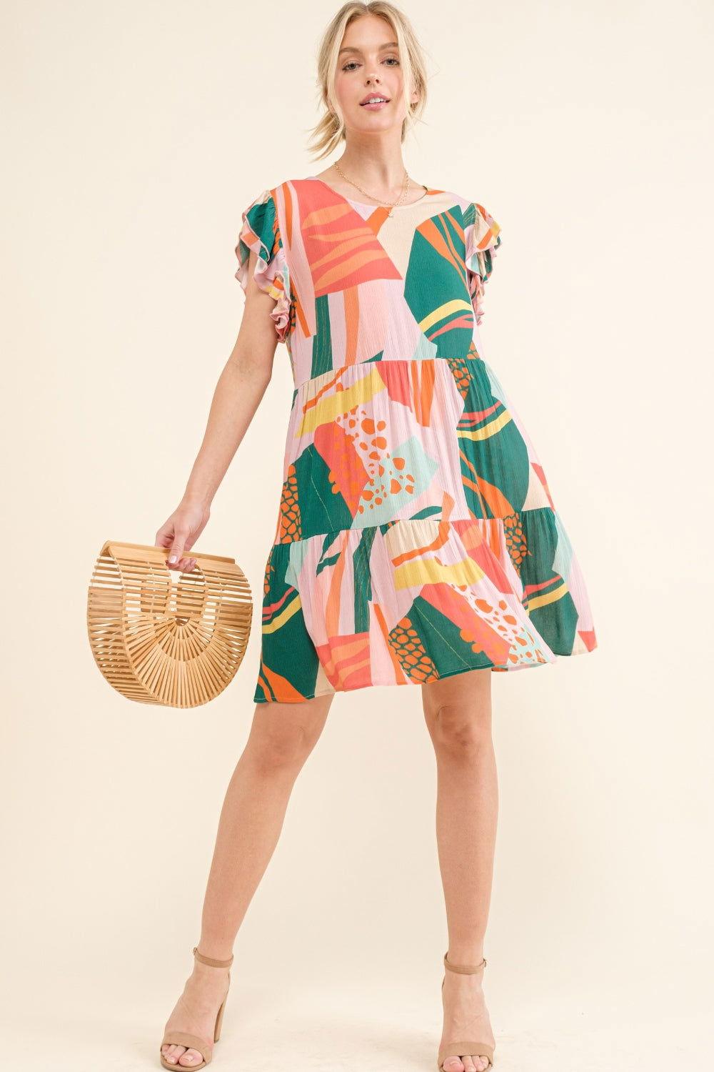 And The Why Printed Double Ruffle Sleeve Dress - Clothes For Her Online Store