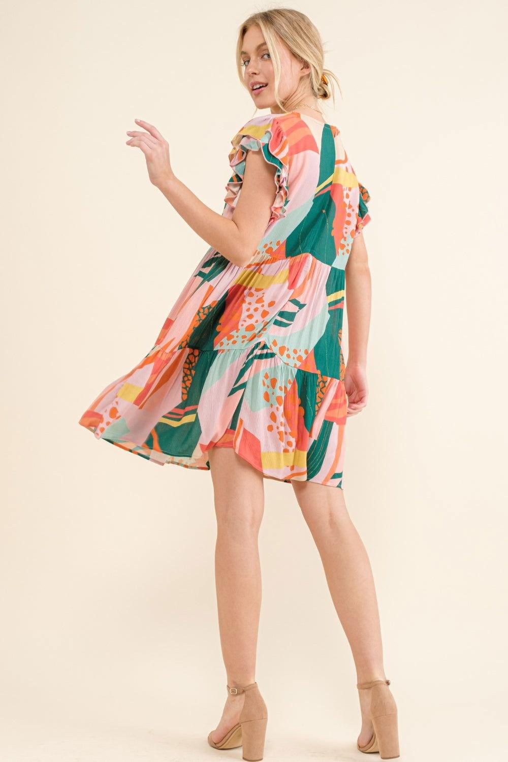 And The Why Printed Double Ruffle Sleeve Dress - Clothes For Her Online Store