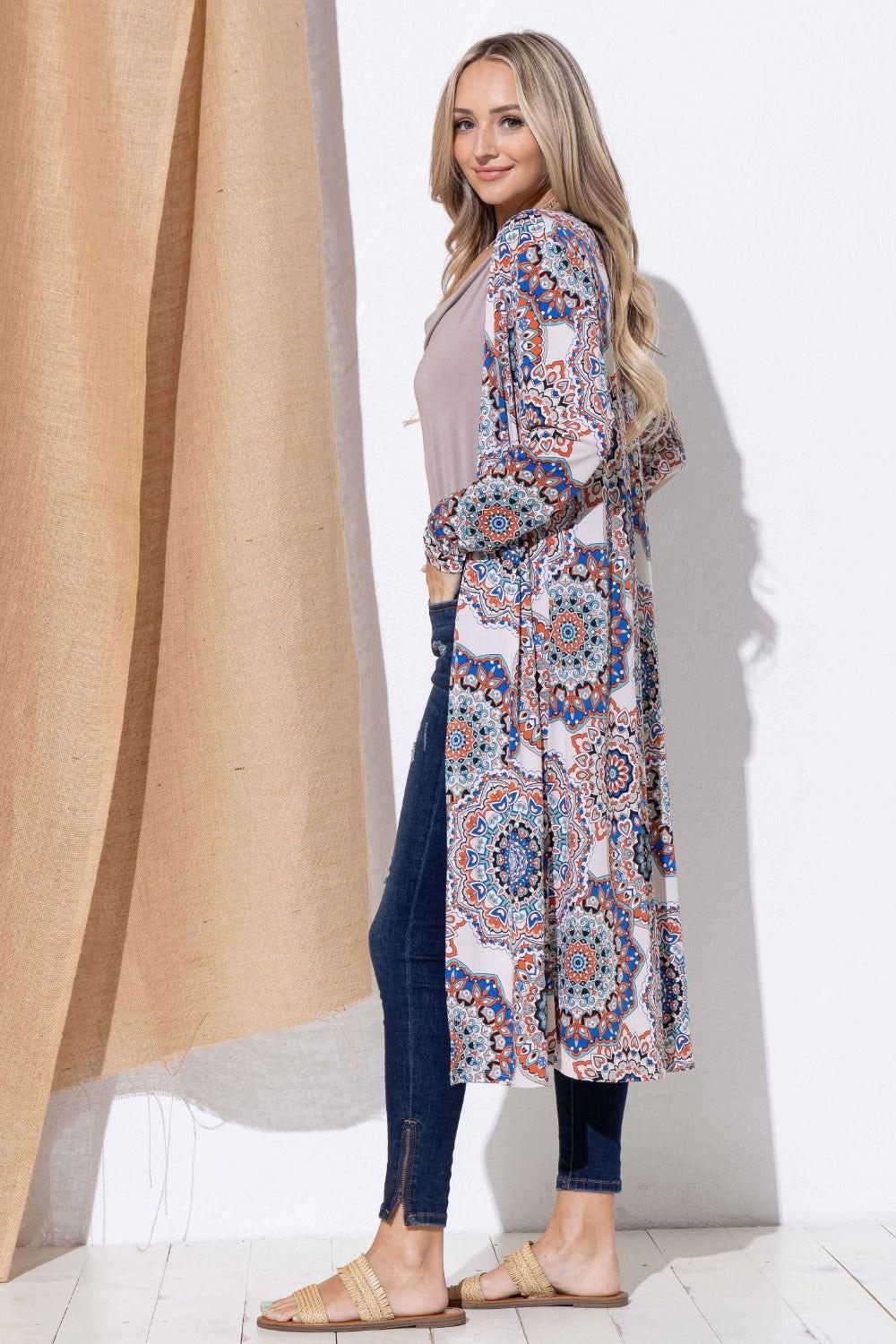 And The Why Printed Kimono Open Front Longline Cardigan - Clothes For Her Online Store