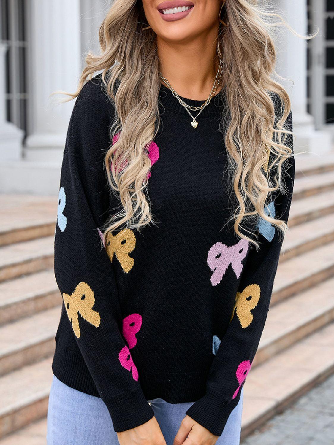 Angel Wings Bow Graphic Round Neck Long Sleeve Sweater - Clothes For Her Online Store