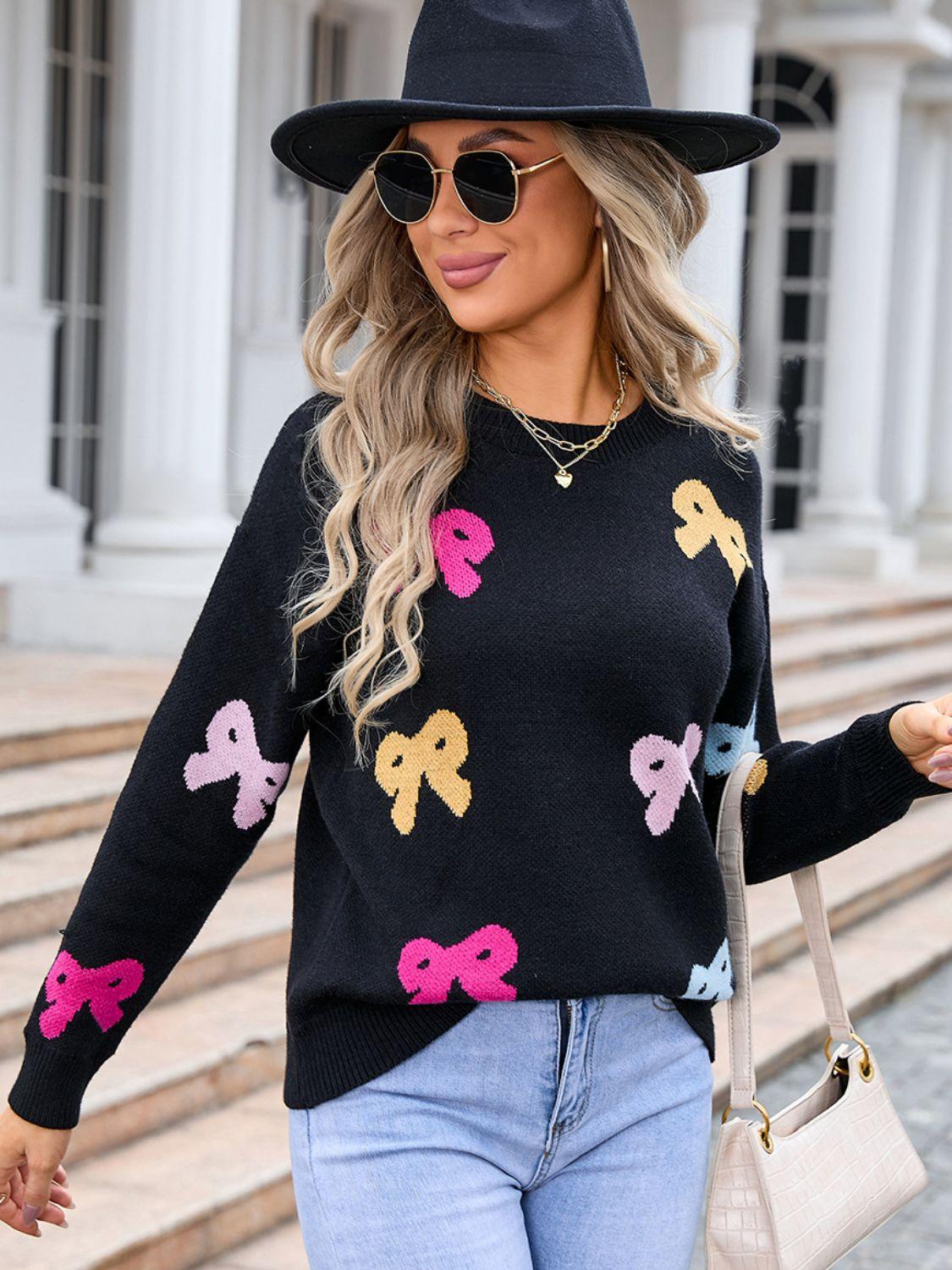 Angel Wings Bow Graphic Round Neck Long Sleeve Sweater - Clothes For Her Online Store