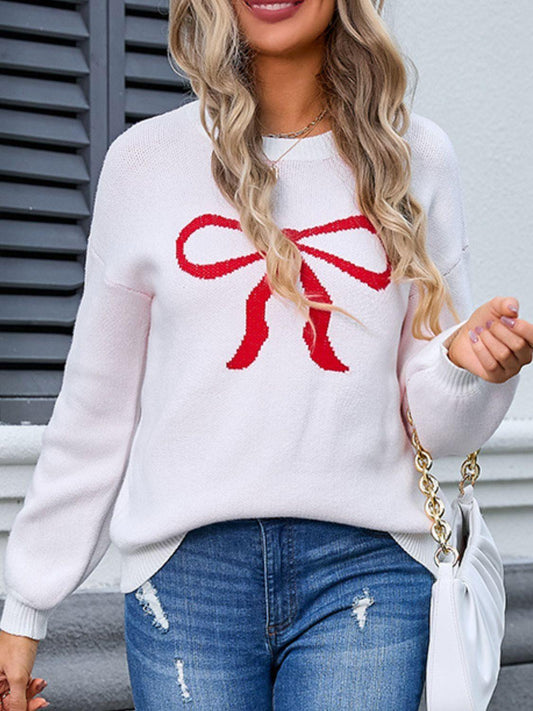 Angel Wings Bow Graphic Round Neck Long Sleeve Sweater - Clothes For Her Online Store