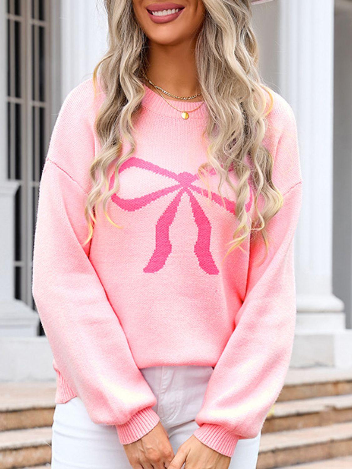 Angel Wings Bow Graphic Round Neck Long Sleeve Sweater - Clothes For Her Online Store
