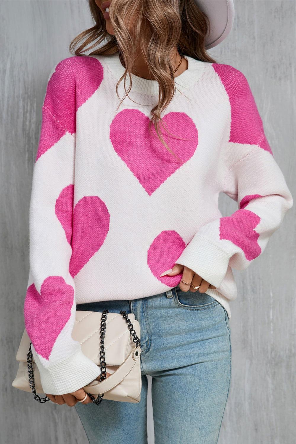 Angel Wings Contrast Heart Dropped Shoulder Long Sleeve Sweater - Clothes For Her Online Store