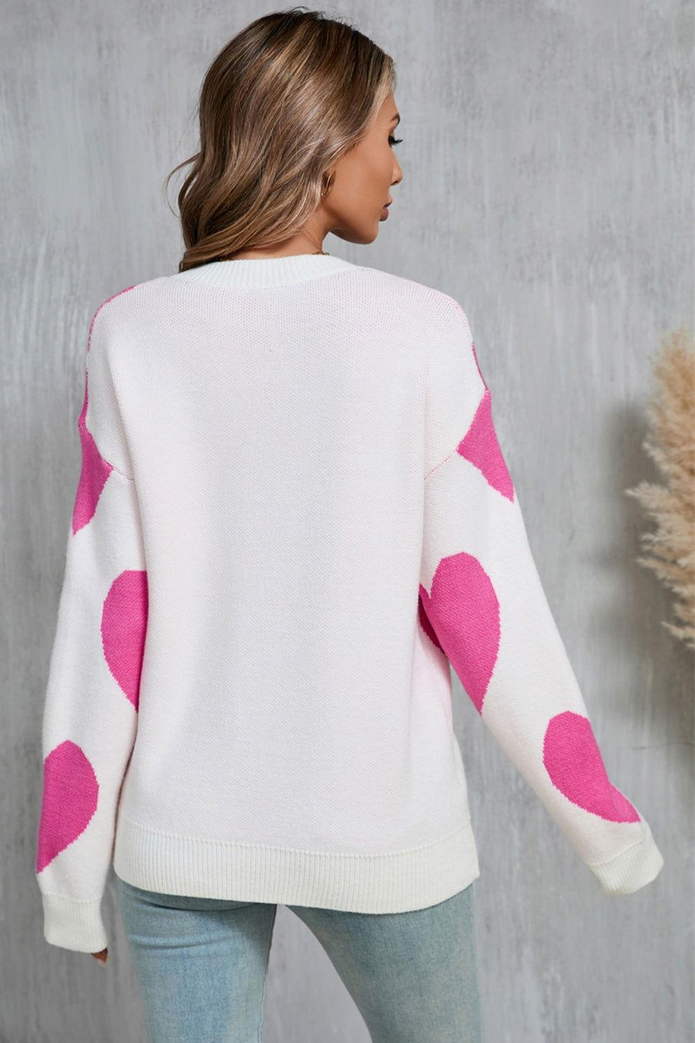 Angel Wings Contrast Heart Dropped Shoulder Long Sleeve Sweater - Clothes For Her Online Store
