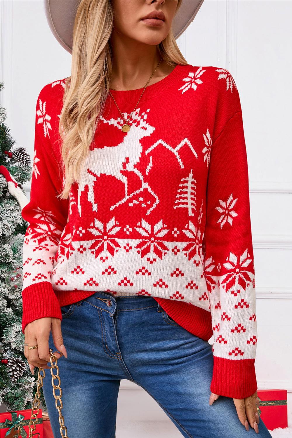 Angel Wings Deer Pattern Round Neck Long Sleeve Sweater - Clothes For Her Online Store